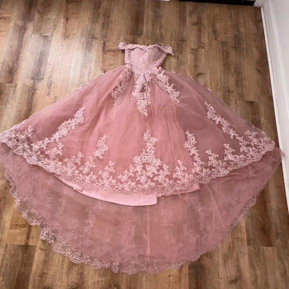 Amazon Dusty Rose Lace Tulle Ball Gown Dress with Bow - Picture 3 of 7